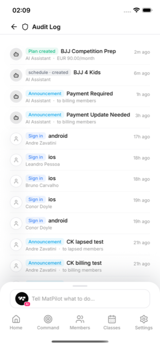 Audit log listing every change with who and when: AI Assistant entries for a created plan, a new class and payment announcements