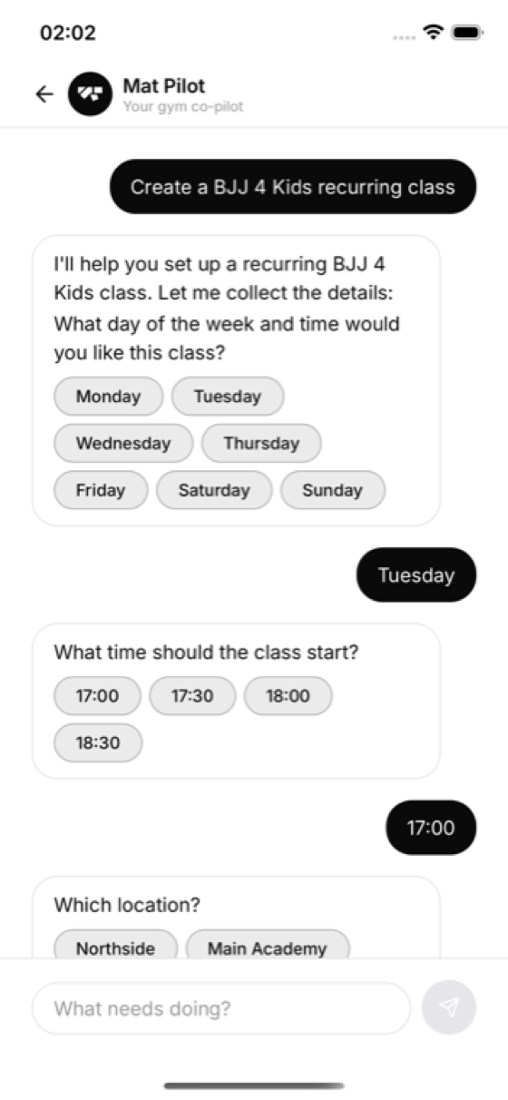 Asking MatPilot to create a recurring kids class; it offers day and time choices as tappable chips