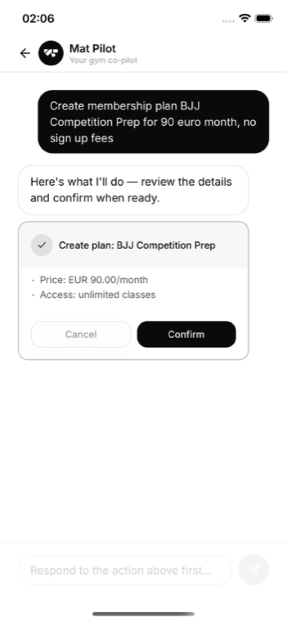 MatPilot drafting a new 90-euro membership plan and waiting for confirmation