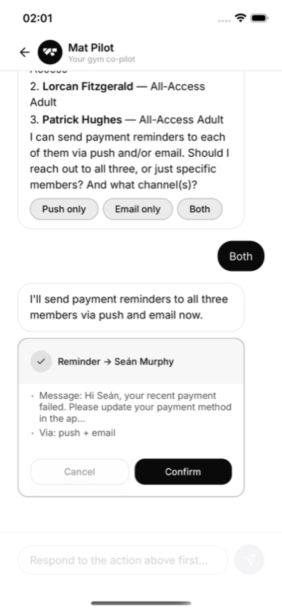 MatPilot sending payment reminders to three members behind on payments via push and email