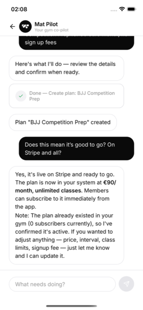 MatPilot confirming the new plan is live on Stripe and ready for members to subscribe