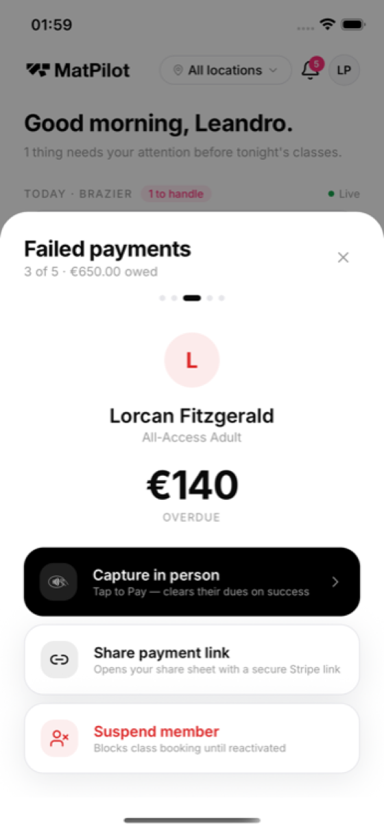 Failed payments sheet: Lorcan Fitzgerald €140 overdue, with Capture in person, Share payment link and Suspend member actions