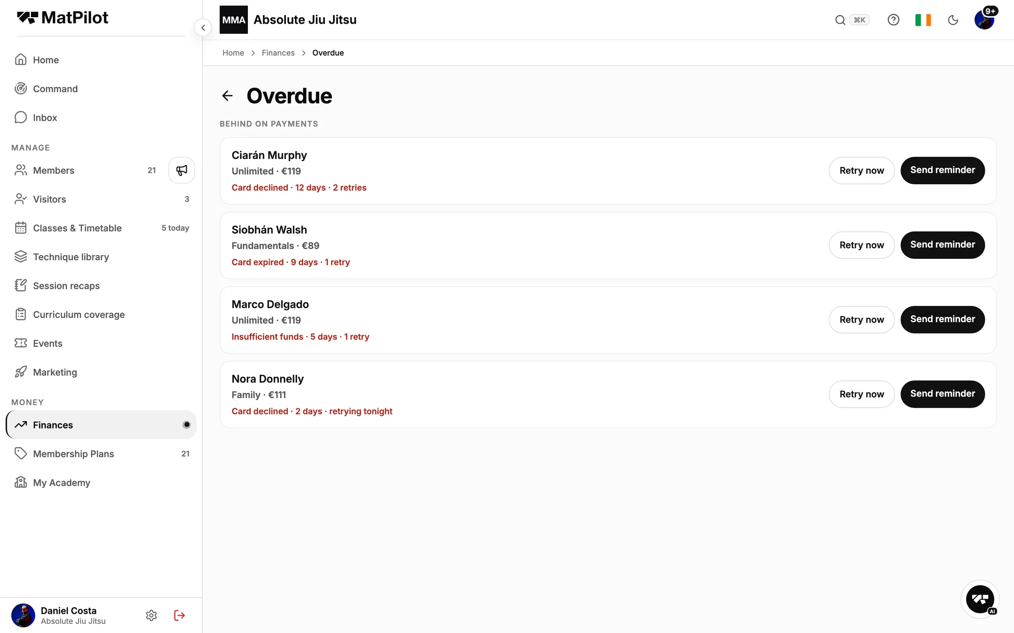 The Overdue screen: four members behind on payments, why, and a retry and reminder for each