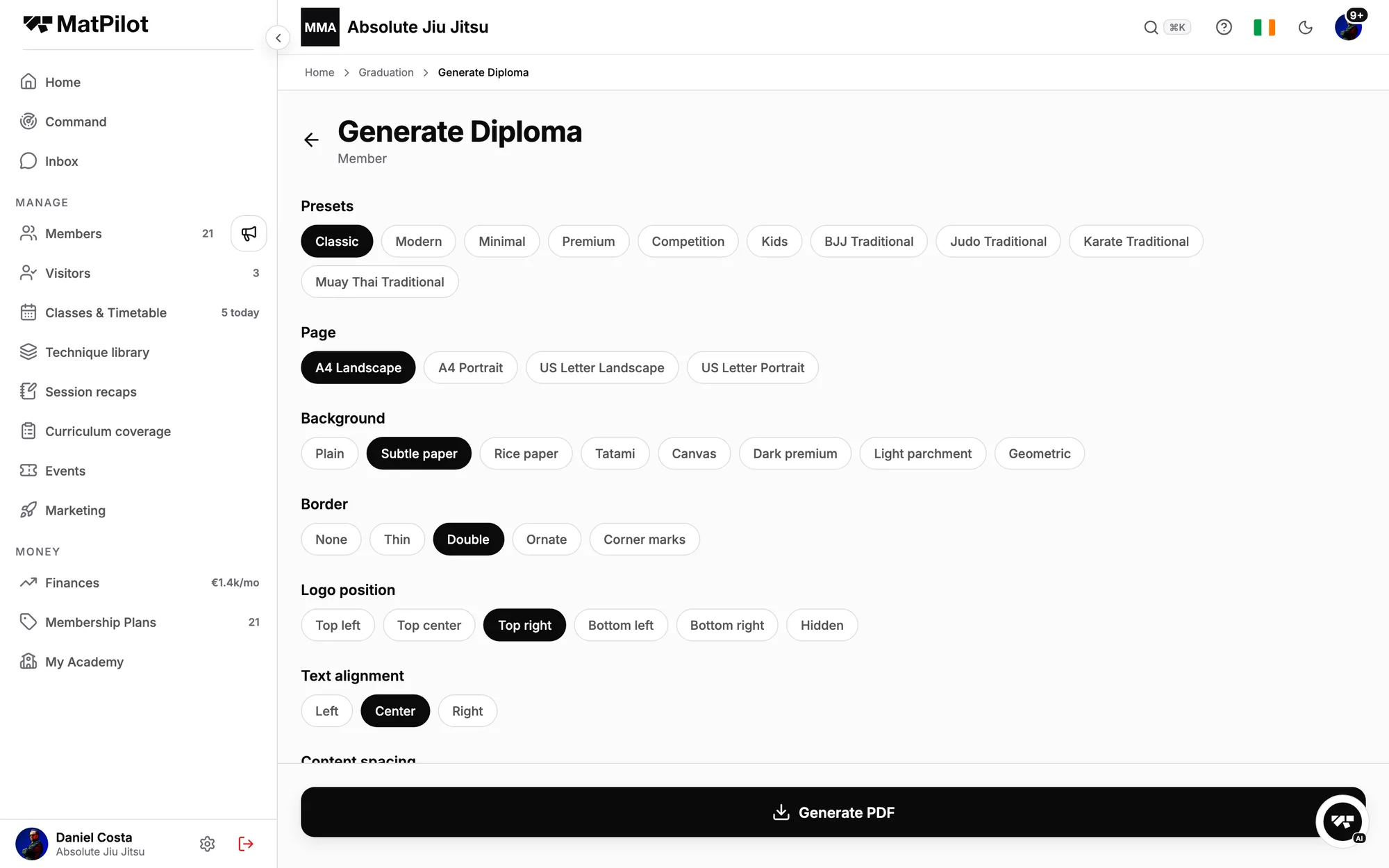 Generating a promotion diploma: presets, page size, background, border