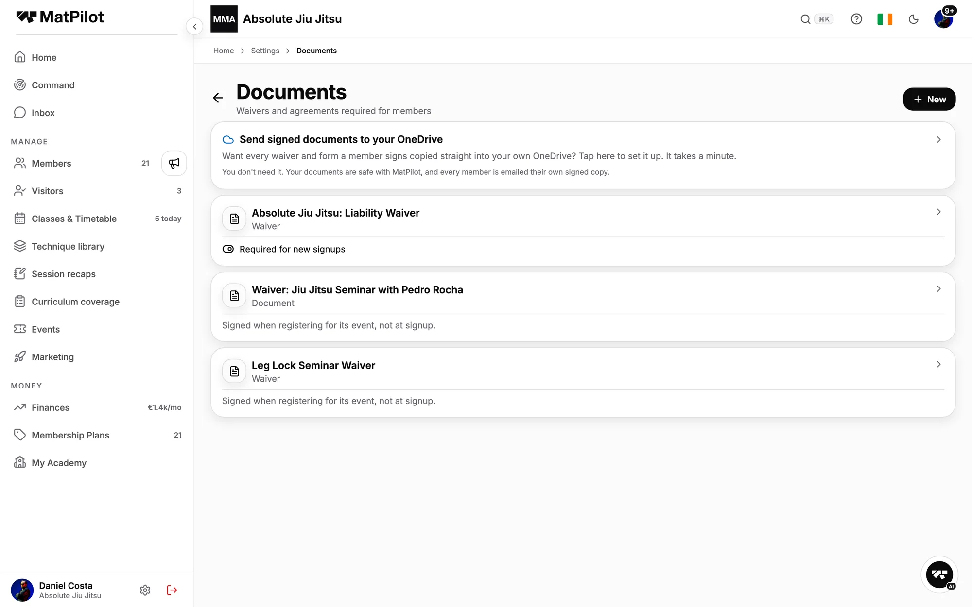 The owner's Documents screen: the waiver required for new signups, an event waiver