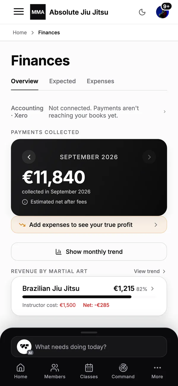 The finances screen on a phone: payments collected and money expected