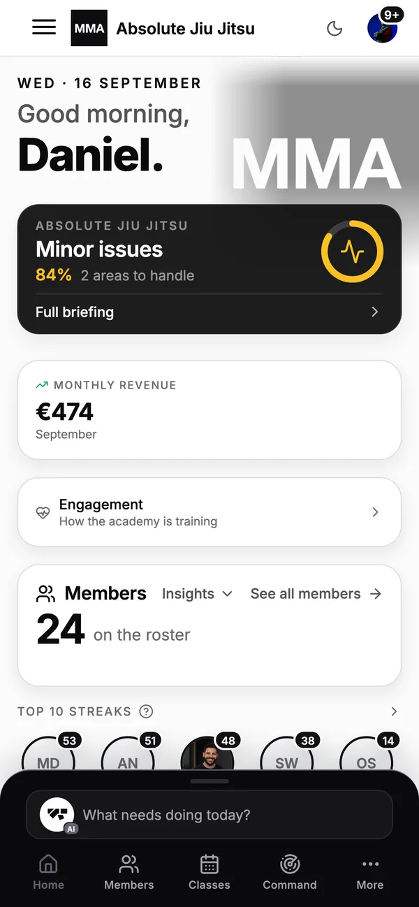 An academy owner's home screen on a phone: what needs doing today