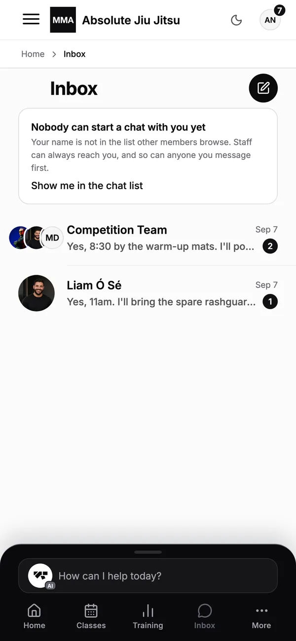 The academy inbox on a phone: messages between staff and members