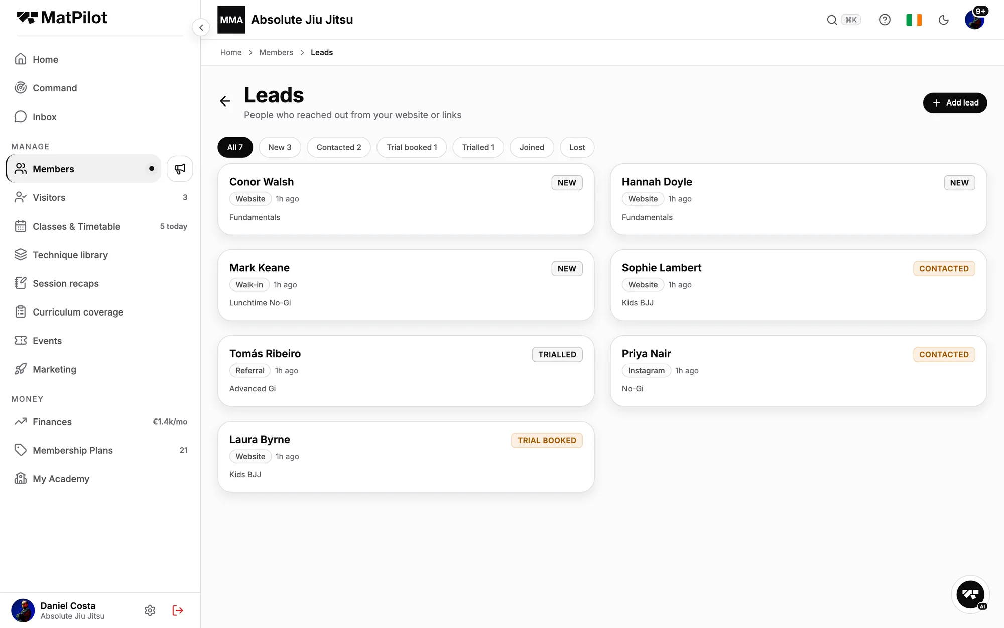 The leads pipeline: new, contacted, trial booked, trialled, joined