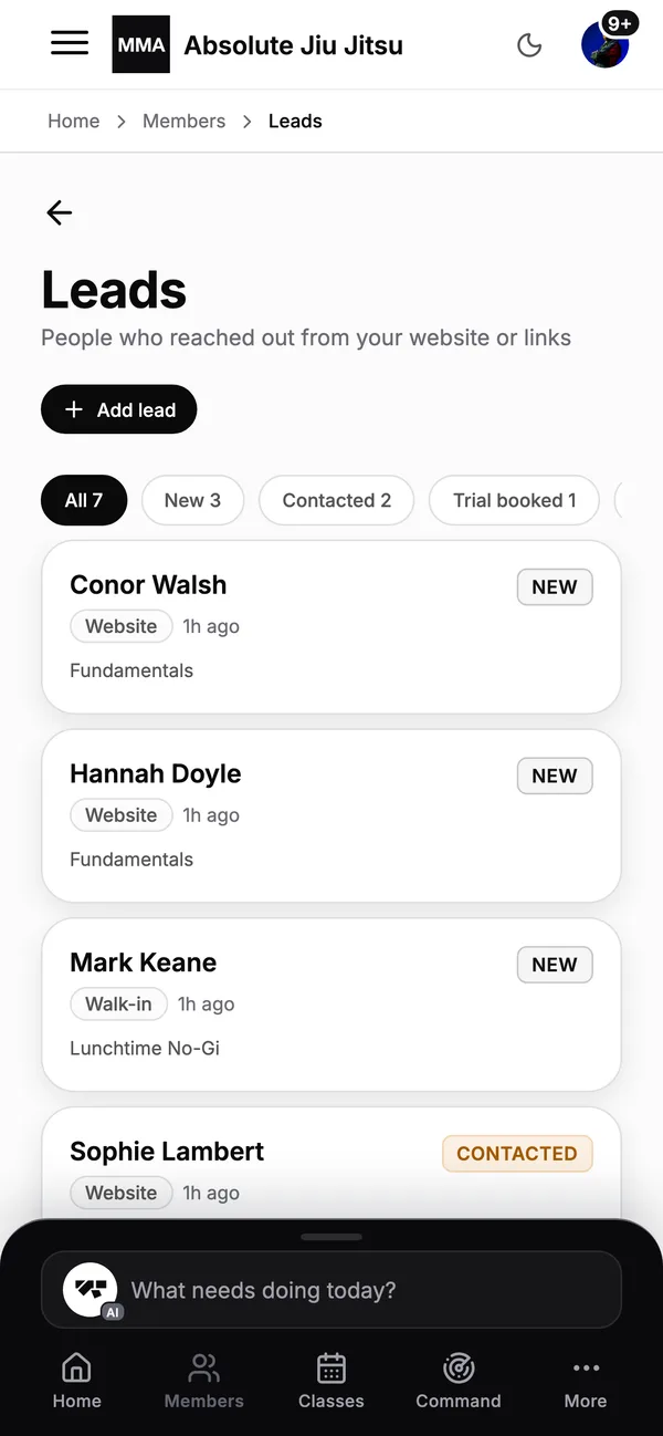 The lead pipeline on a phone: enquiries from first contact to signed up