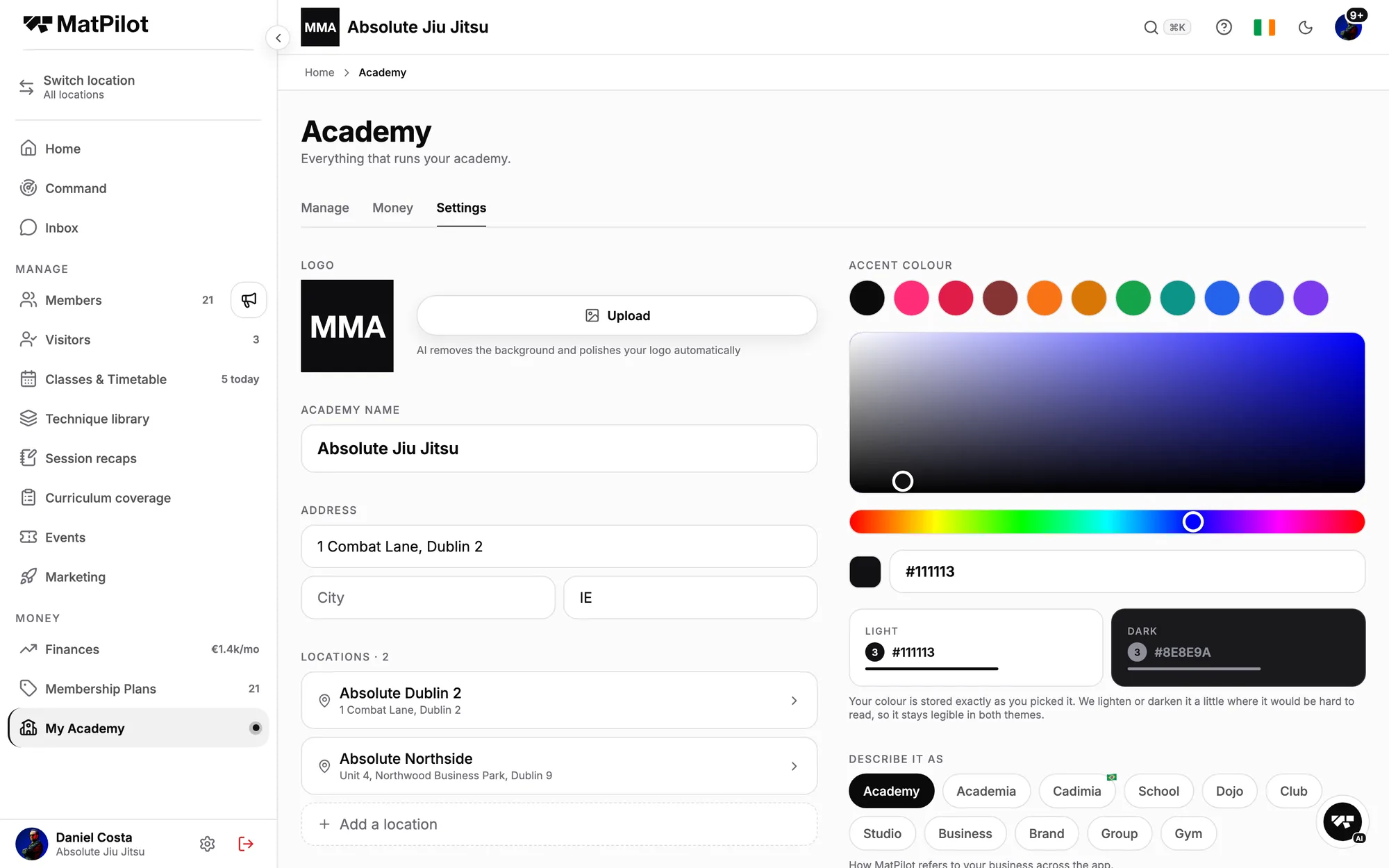 Academy settings with two locations, Dublin 2 and Northside, and the accent colour