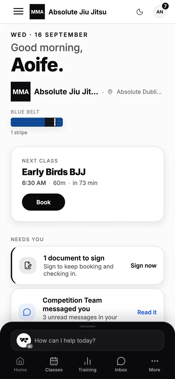 A student's home screen: their next class, streak and belt progress