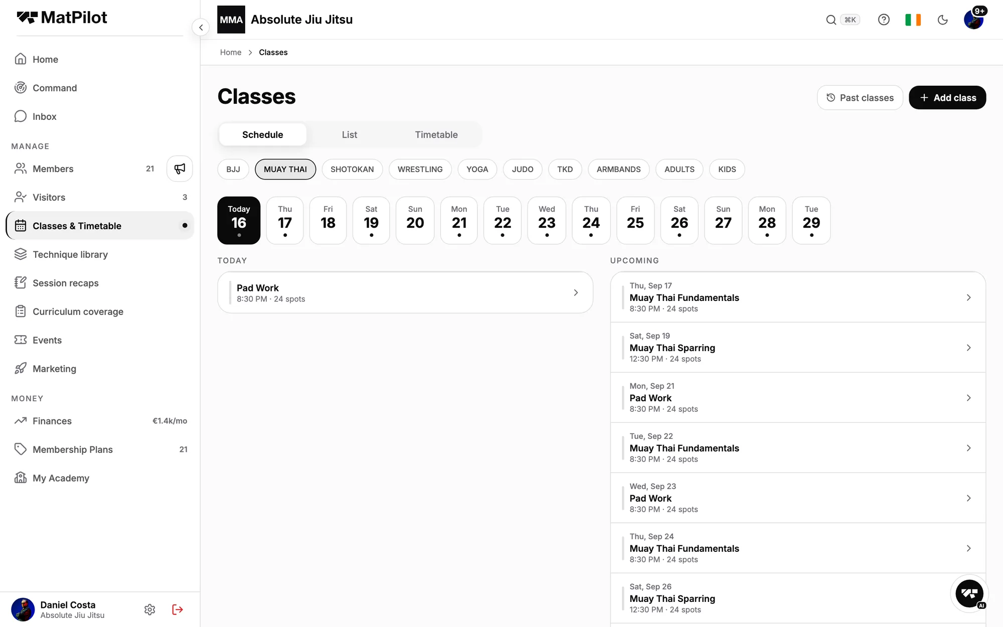 The classes screen behind the TV timer: today's sessions and who checked in