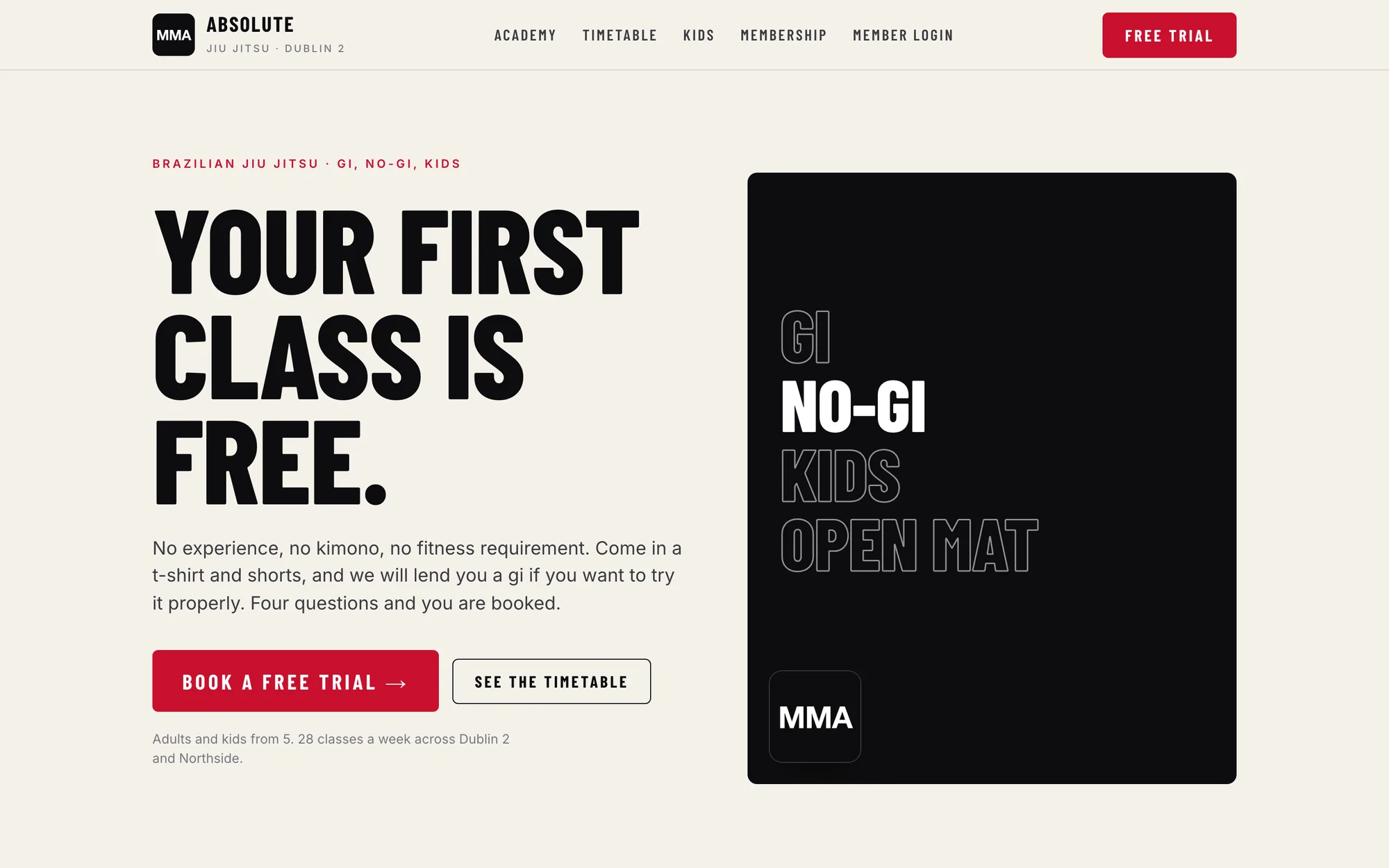 An academy website with a Book a free trial button