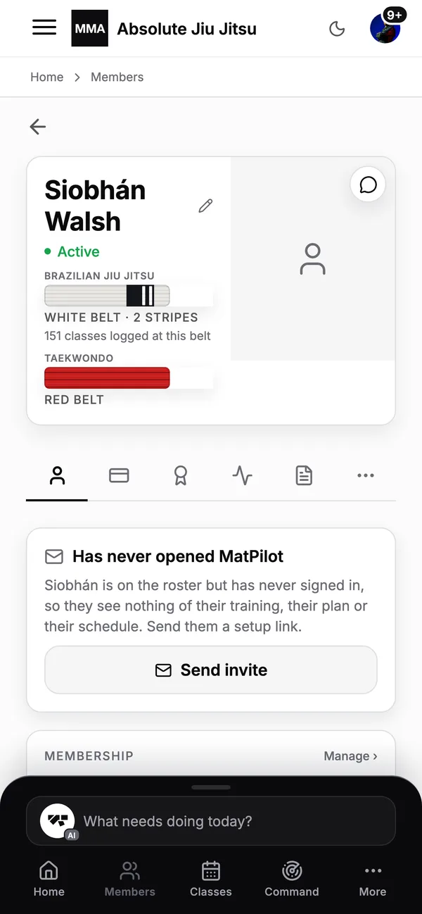 A Taekwondo student's profile on a phone: belt, attendance and membership