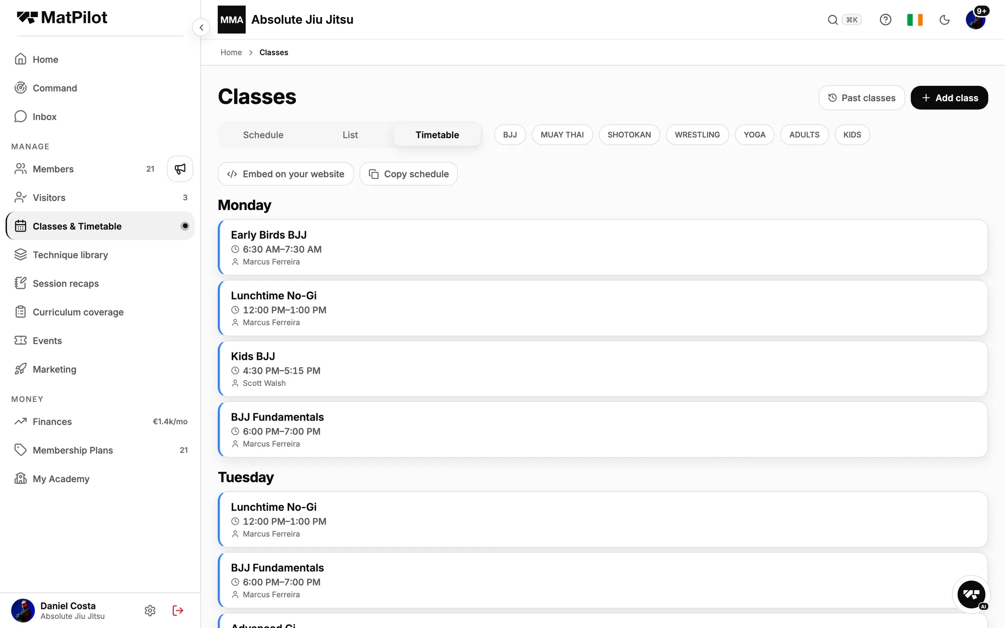 The weekly timetable: Early Birds BJJ, Lunchtime No-Gi, Kids BJJ, BJJ Fundamentals