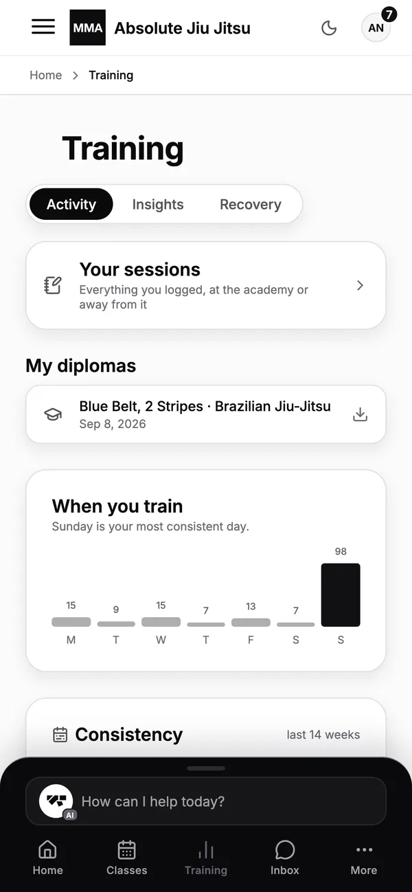 A student's training log: sessions, techniques drilled and rounds rolled