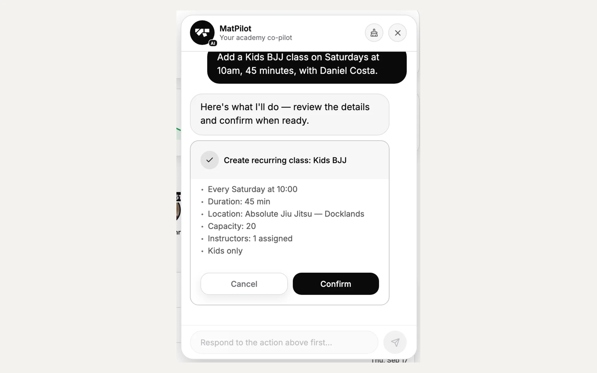 The AI co-pilot adding a class to the timetable from a plain sentence