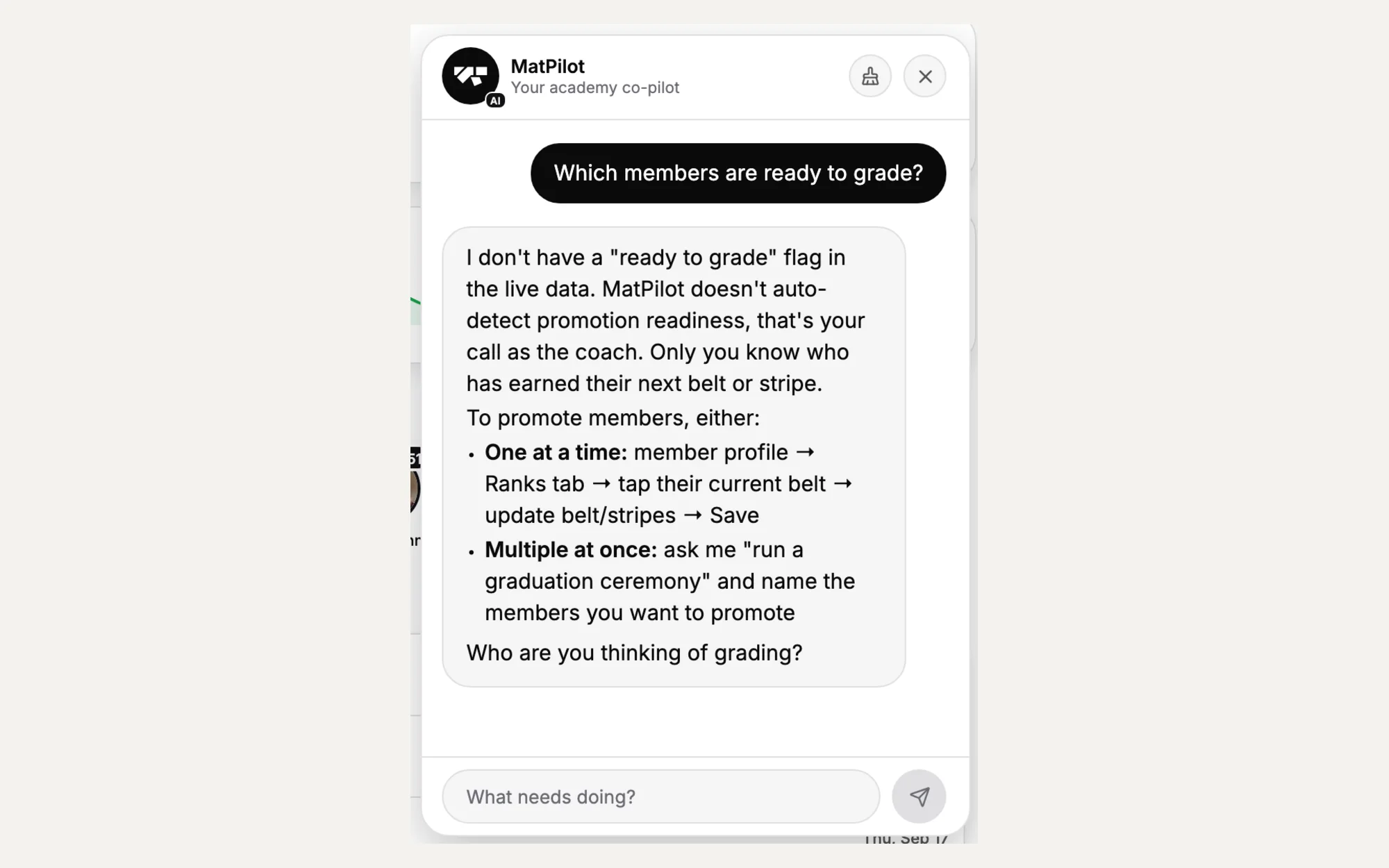 The AI co-pilot listing the students closest to their next grading