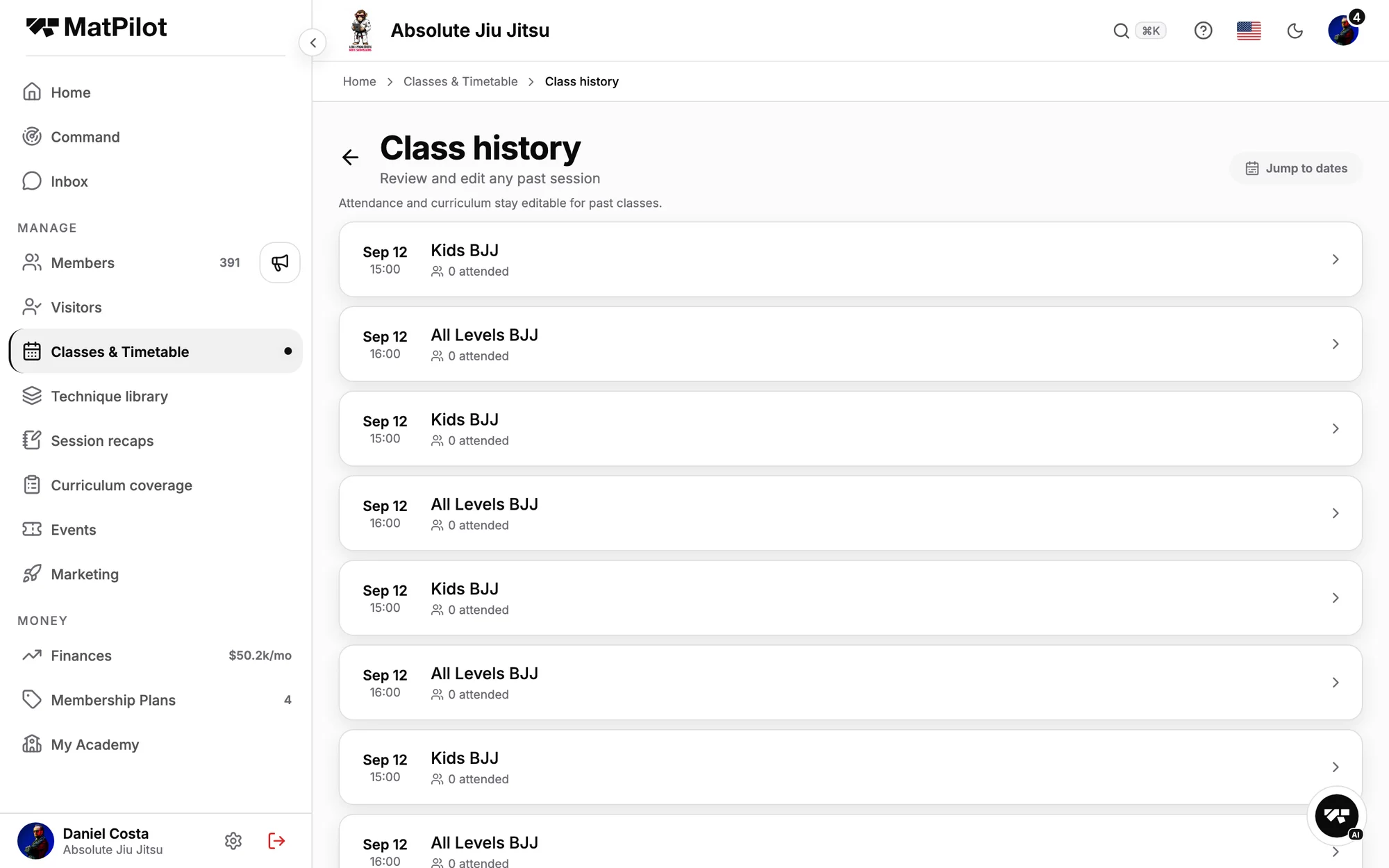 A member's attendance history feeding the grading shortlist