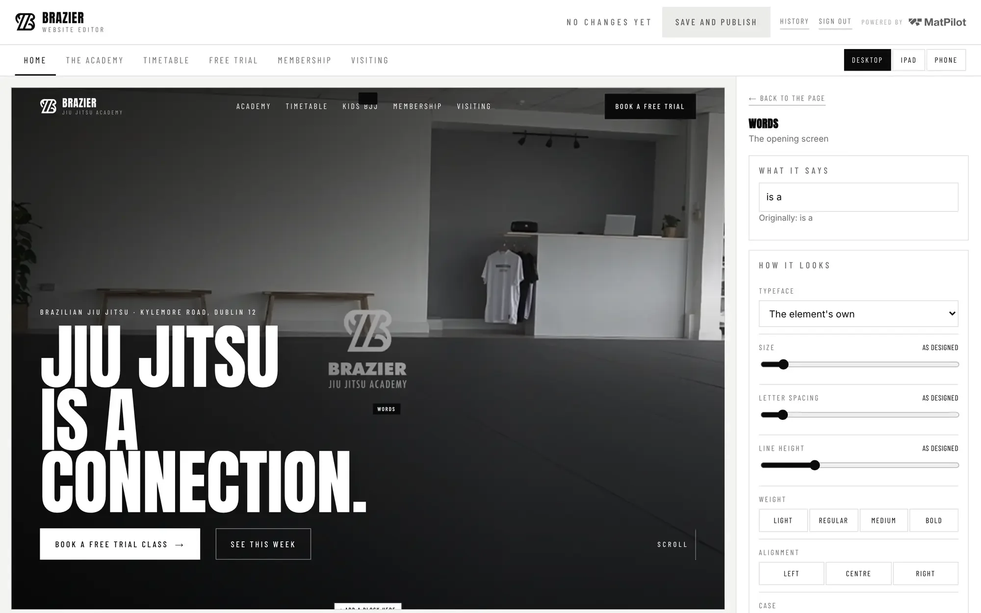 The website editor: the home page on the left with a headline selected, and its words, typeface, size, weight and alignment in the panel on the right