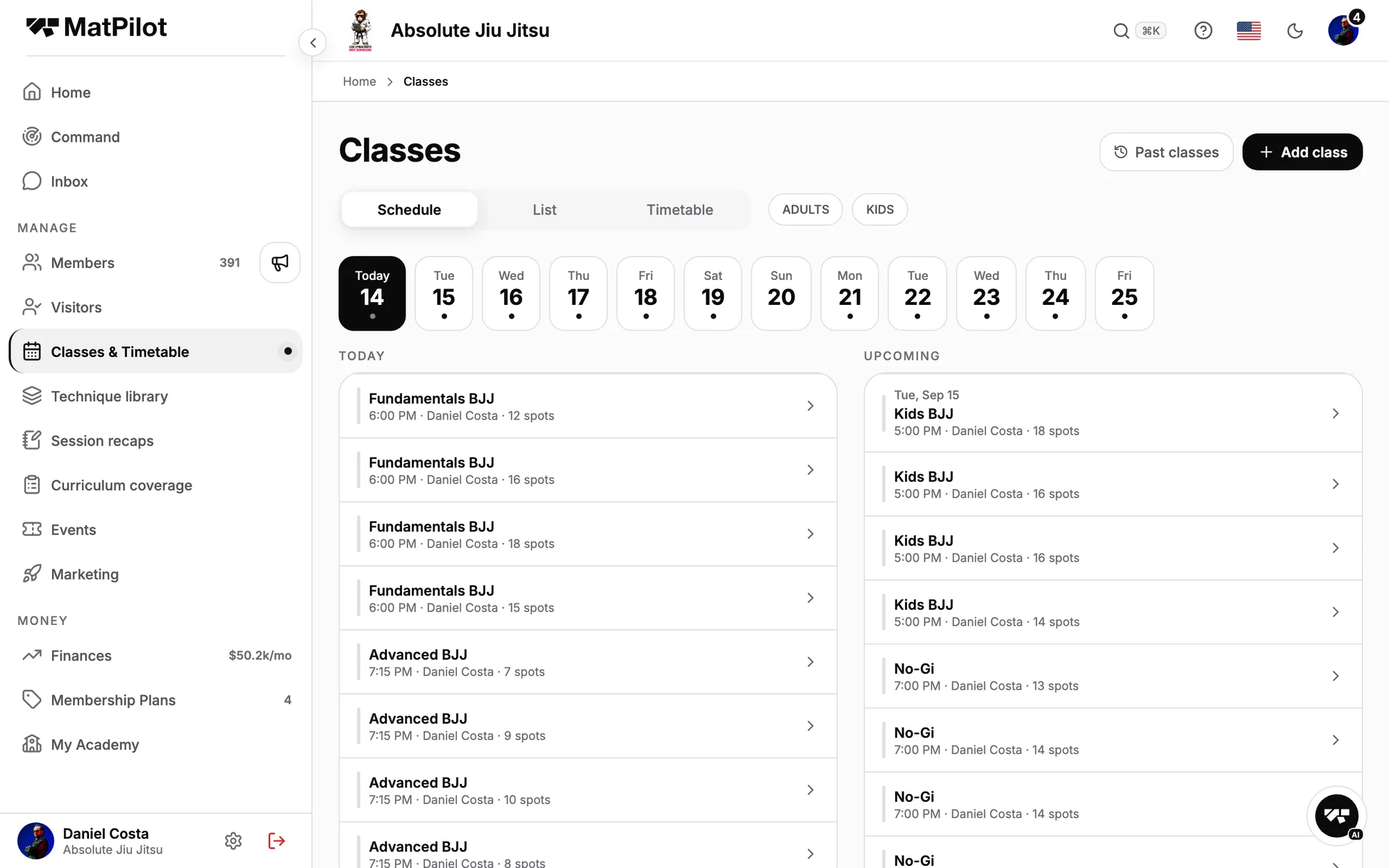 The Classes screen: today's timetable and the upcoming week