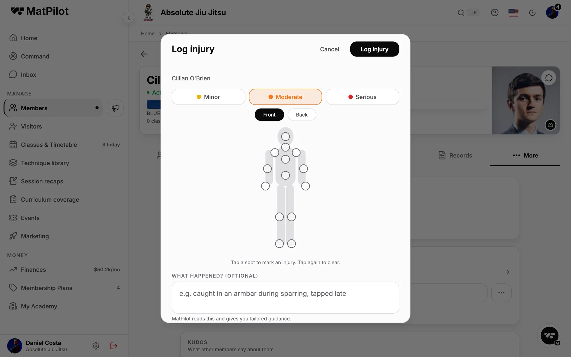An injury log with follow-ups