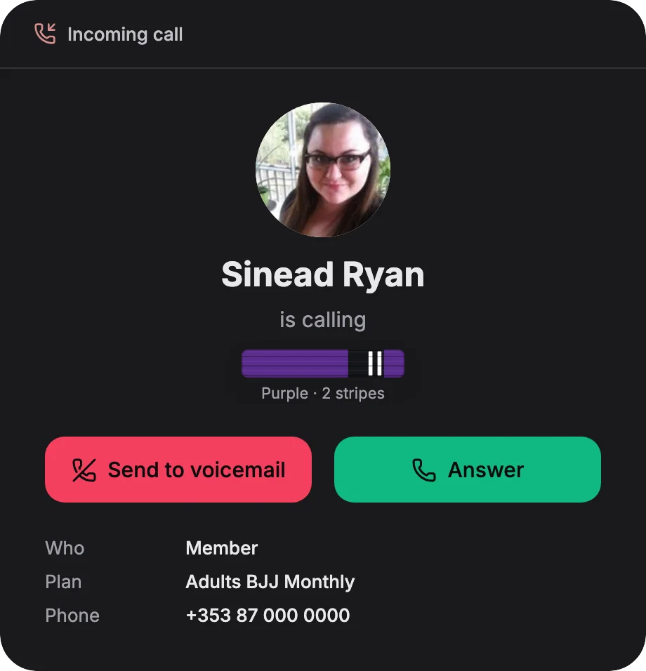 An incoming call in MatPilot: Sinead Ryan is calling, with her photo, her purple belt, her plan and her number, and buttons to answer or send her to voicemail