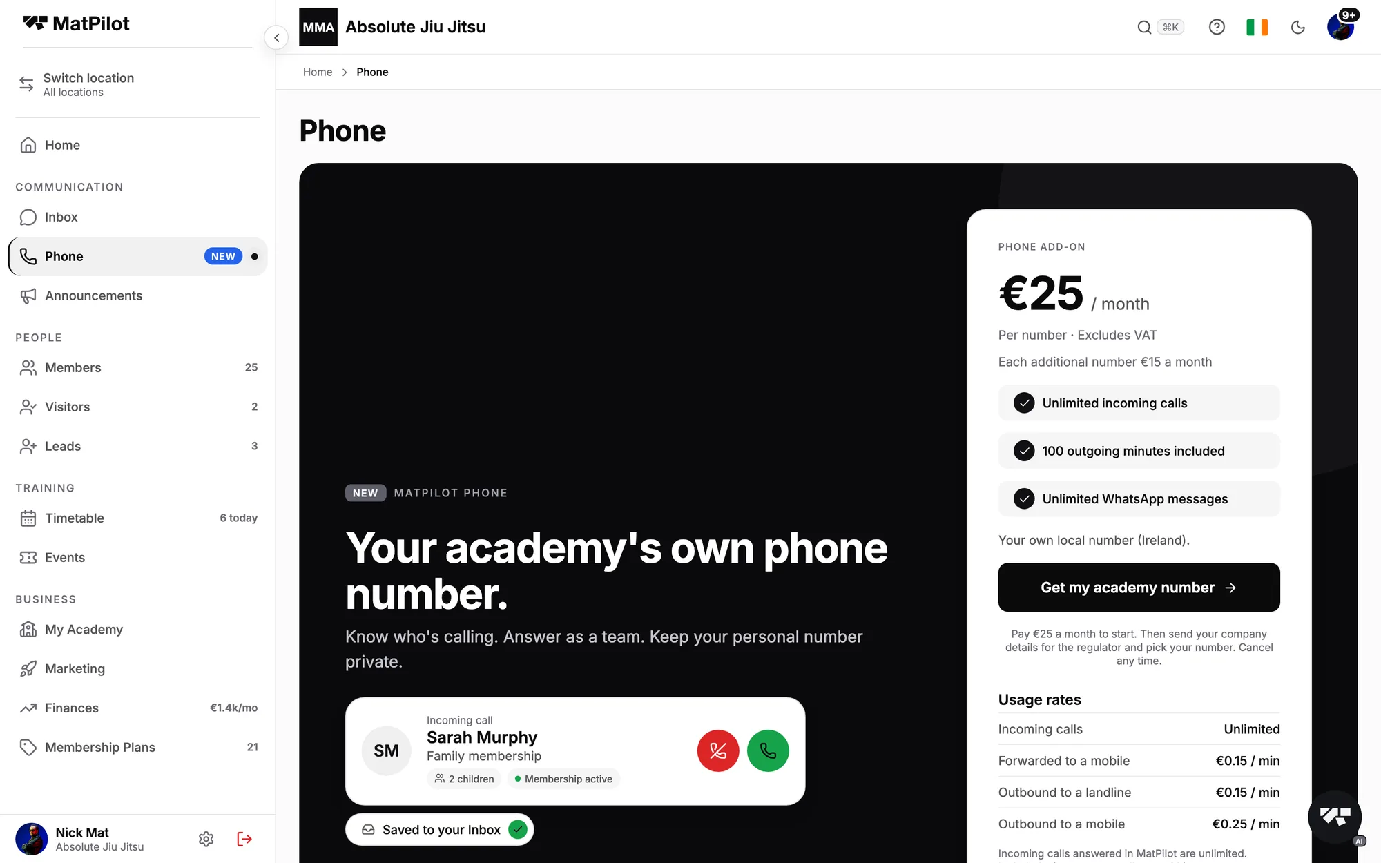 MatPilot Phone in the app: €25 a month per number, unlimited incoming calls, 100 outgoing minutes, and an incoming call naming the caller and their membership