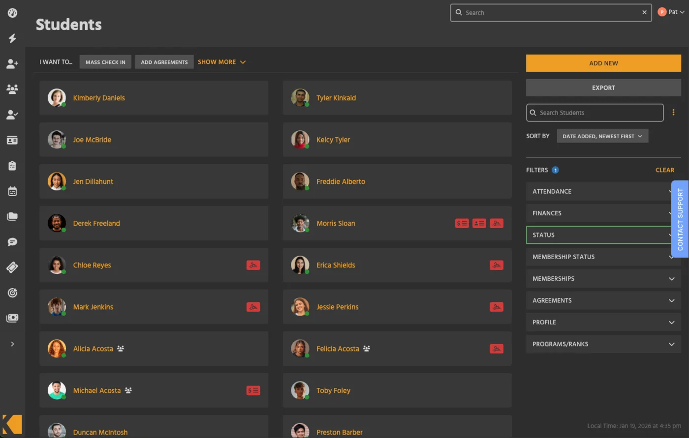 Kicksite: students list, from its website