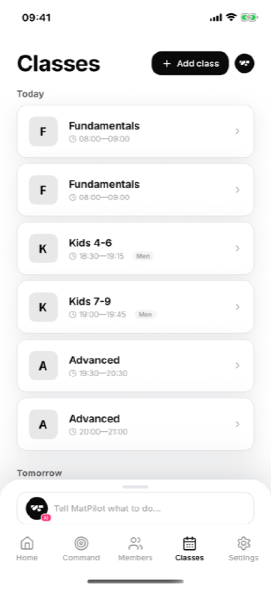 Class schedule for the day
