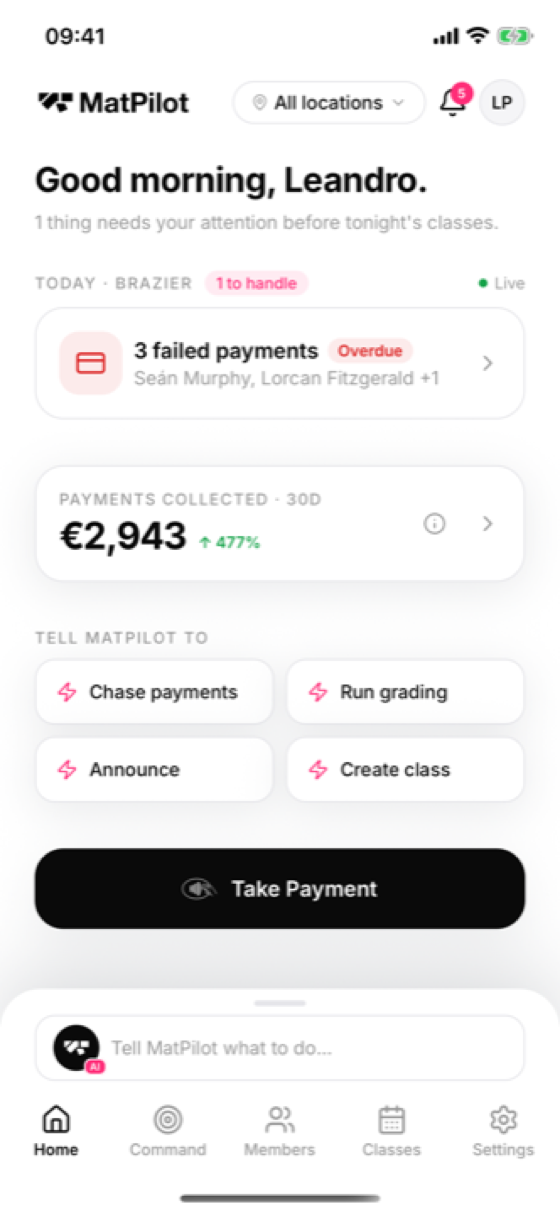 MatPilot home: the morning briefing with payments and grading