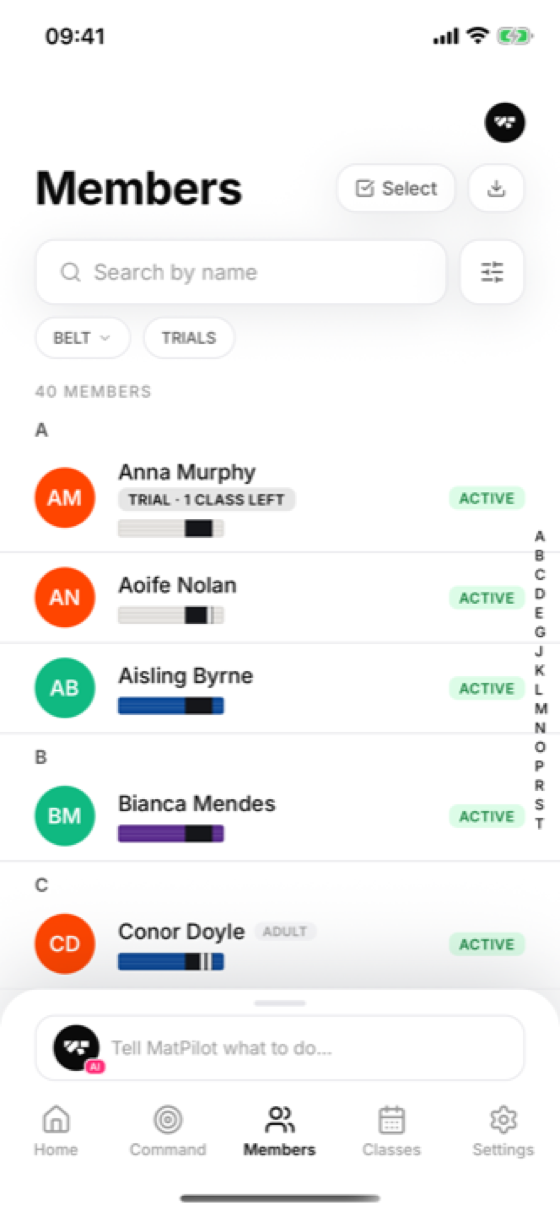 Members list with belt rank and payment status