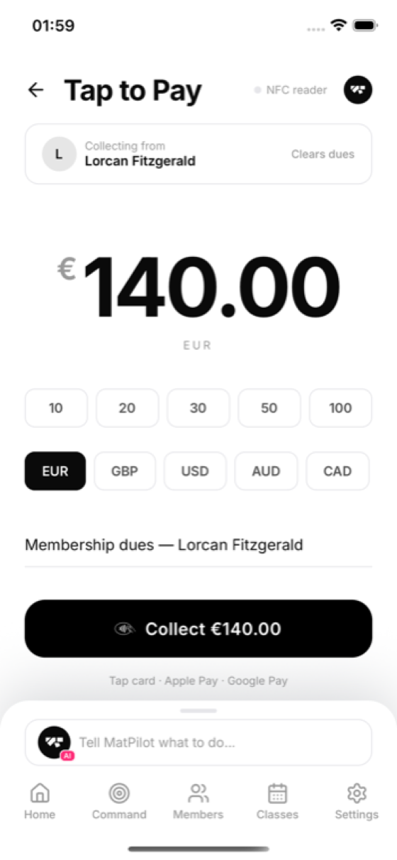 Tap to Pay collecting €140 of membership dues from Lorcan Fitzgerald, which clears their dues